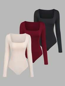 Sweetra Bộ 3 áo liền quần dài tay cho nữ màu mơ, nâu cà phê, đen, ôm vừa vặn, phong cách tối giản, đa năng khi đi làm - Nhiều màu - Xem 6