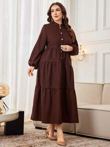 Al Najma 大码女式阿拉伯风格立领长袖半开襟编织纹理袖口弹性下摆宽松休闲木扣连衣裙 - 咖啡棕 - 查看 5