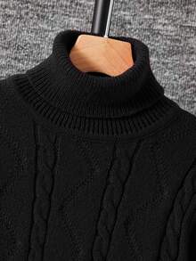 SHEIN 男童休闲日常百搭舒适高领长袖套头毛衣 - 黑色 - 查看 4