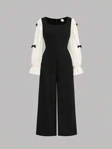 Pitira Tween Girls Different Materials Splicing Woven Bow Three-Dimensional Flower Waist, Contrasting Color Jumpsuit, Elegant Long Loose Jumpsuit - Black - View 2