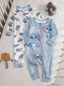 2pcs Baby Boy Soft & Comfy Snug Fit Sleepwear Set, Cute Rabbit Cartoon Zipper Long Sleeve Top And Long Pants Jumpsuit Pajamas Baby Pajamas Baby Sleep Wear 2 Way Zipper Footed Pajamas For Baby Baby Bunny Pajamas Back To School Clothes Travel Clothes Pajama Summer Fall Clothes Pajamas Sets Snug Fit Tight Fit Pajamas Winter