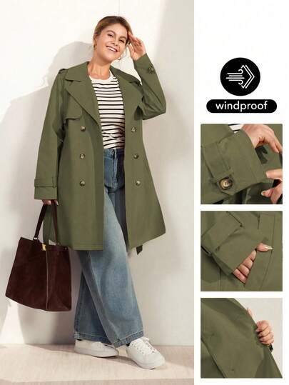 Momelise 加大码女士休闲风衣，春秋季纯色长袖翻领双排扣防风外套，通勤休闲百搭风衣