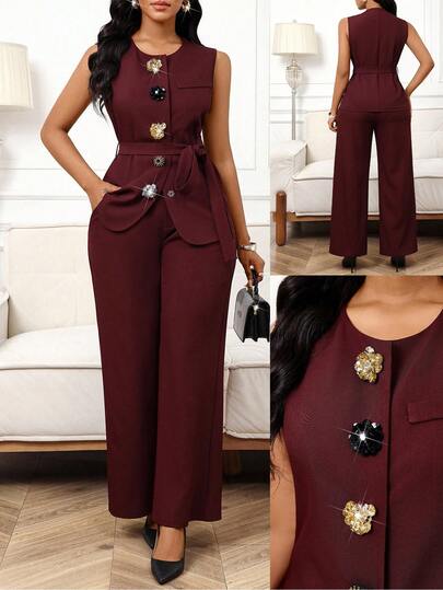 SHEIN Lady 女士优雅通勤亮片装饰背心和裤子套装，两件套