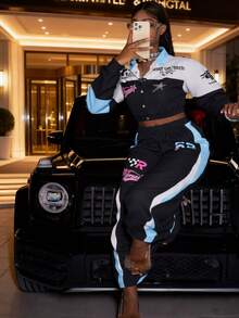 Slaydiva 2025新款秋冬休闲基础款街头赛车队图案两件套 - 女式裙子和外套 Y2K女式两件套 两件裤装 Y2K两件套 女式两件套 夜店两件套 - 彩色 - 查看 4