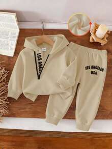 男婴字母印花连帽卫衣和松紧腰字母印花裤两件套，适合外出、休闲穿着，秋冬季节，男婴套装，灰色卫衣套装 - 卡其色 - 查看 4