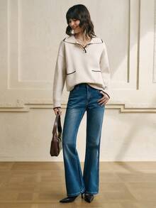 Cévolie Women's Casual Contrast Trim Button Half-Placket Dual Pocket Knit Sweater, Autumn/Winter