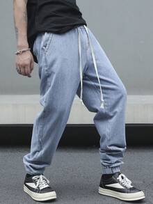Manfinity Hypemode Lässige amerikanische Stil Jeans mit elastischem Bund und verjüngtem Bein, Herren Loose Fit Jogginghose mit Kordelzug - Blau - Übersicht 6
