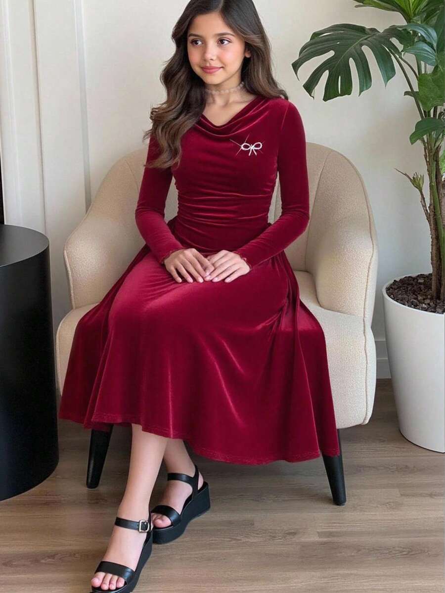 优雅的勃艮第天鹅绒不对称下摆水钻蝴蝶结装饰上衣和 A 字中长裙两件套，复古风格，适合少女，适合外出、聚会、派对、圣诞节、新年 - 酒紅色 - 查看 1