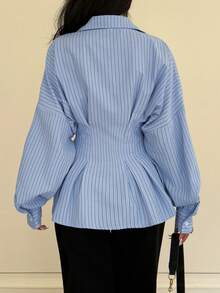 Siren Gaze Áo peplum kẻ sọc thường ngày cho nữ, tay cánh dơi, phù hợp để đi làm và đi chơi, mùa xuân/thu - Màu xanh lam - Xem 2