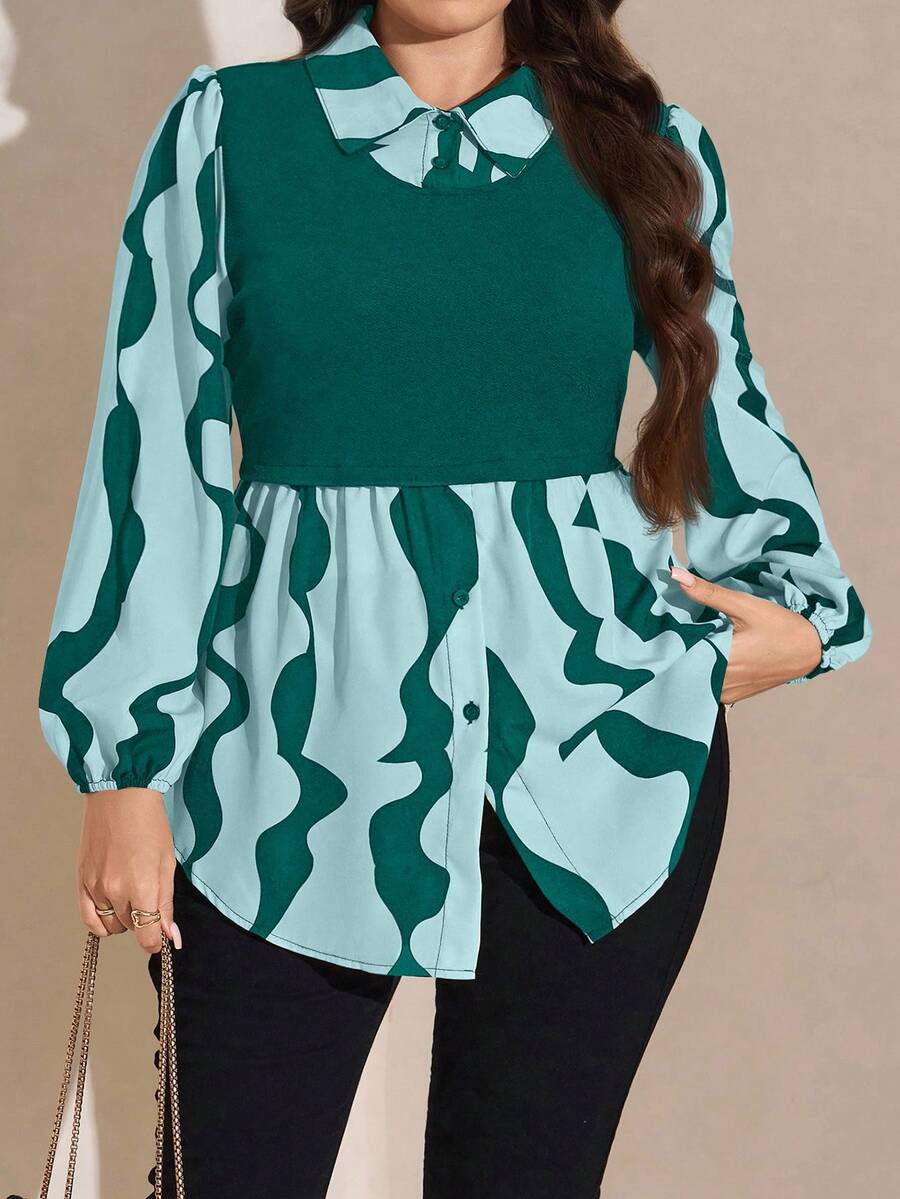 SHEIN LUNE Plus Size Women Printed 2 In 1 Long Sleeve Button Design Casual Top - Teal Blue - View 1