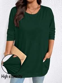 EMERY ROSE Plus Size Casual Solid Color Double Pocket T-Shirt, Versatile For Autumn - Green - View 4