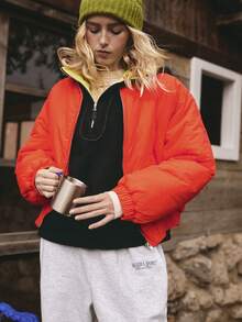 Medorelle 女士秋冬撞色连帽半拉链宽松抓绒卫衣 - 黑色 - 查看 3