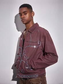 ROMWE MEN Street Life Men's Turquoise Collar Long Sleeve Pockets Zipper Front Casual Denim Jacket - Brown - View 5