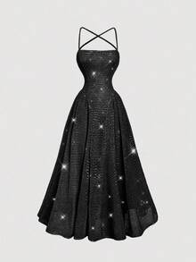 SHEIN MOD Lace-Up Backless Sequin Midi Dress - Black - View 4