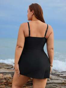 Swim Lushoire Plus Size Women 2 Pieces Swimsuit With Ruched Waist, Starfish Metal Decor, Side Tie Skirt, Suitable For Beach, Pool, Vacation - Black - View 2