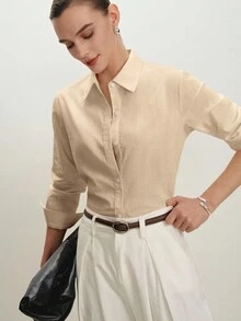 BizChic Áo sơ mi nữ cổ bẻ cài cúc phía trước màu trơn mới mùa Xuân/Hè, thanh lịch, sang trọng, phù hợp cho công sở, đi làm hàng ngày, phong cách retro thập niên 90, trang phục Giáng sinh và Năm mới, thời trang dự tiệc Ngày Valentine, đi biển, tốt nghiệp, tối giản, lãng mạn, đa năng, phù hợp cho khách dự đám cưới, chủ nhà, hẹn hò, tiệc tùng, hòa nhạc, bữa trưa, sân bay, nhiều dịp khác nhau. - Màu Khaki - Xem 7