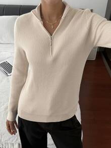 Livesso Women's Loose Business Casual Half-Zip Collar Knit Sweater, Outdoor Street Style, Solid Color, Autumn/Winter - Beige - View 2