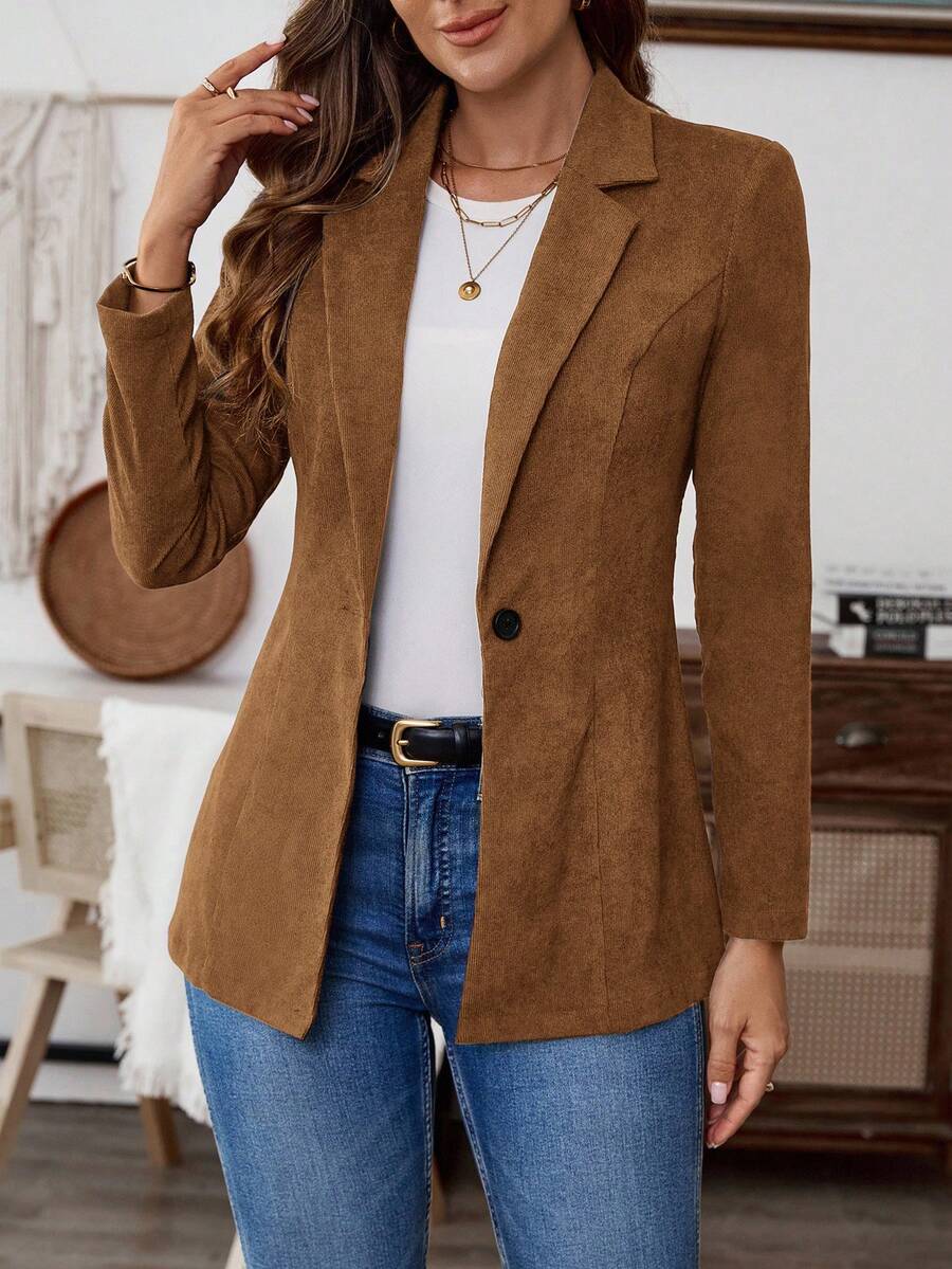 EMERY ROSE Women's Solid Color Single-Breasted Fitted Elegant Long Sleeve Blazer - Khaki - View 1