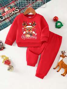 两件套男婴圣诞驯鹿印花针织卫衣上衣和裤子套装，适合秋冬季外出和休闲穿着 - 紅色 - 查看 1