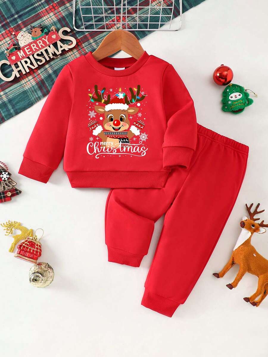 两件套男婴圣诞驯鹿印花针织卫衣上衣和裤子套装，适合秋冬季外出和休闲穿着 - 紅色 - 查看 1