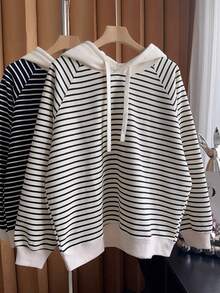 Franclia 女士条纹连帽休闲宽松卫衣 条纹卫衣 条纹长袖衬衫 可爱休闲上衣 条纹卫衣