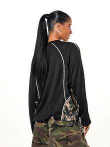 SUMWON WOMEN Boxy Fit Oversized Raglan Sleeve Top With Camo Piping Details And Number Print - Black - View 2