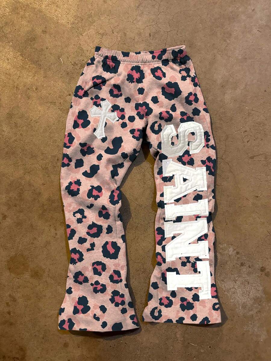 Women's Letter & Leopard Print Elastic Waist Casual Pants - White - View 1