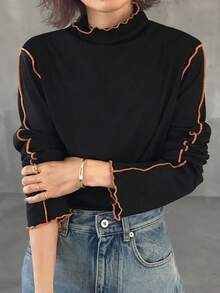 FRIFUL Women's Turtleneck Contrast Color T-Shirt With Contrast Ruffle Hem, Multi-Layer Ruffled Flared Sleeves, Fitted Long Sleeve Top - Black - View 2