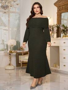 Modelyn Plus Size Striped Knit Off Shoulder Casual Comfortable Dress - Multicolor - View 6