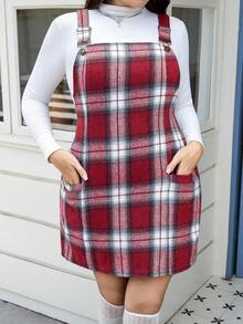 SHEIN LUNE 大码女式黑色灯芯绒连衣裙，带口袋和可调节肩带，适合 Barnfit 感恩节女装、新年女装、冬季连衣裙、冬季服装、锐舞派对服装和连身裙。 - 紅色 - 查看 3