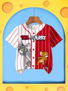 TOM & JERRY X SHEIN 男童夏季休闲运动卡通字母印花双色条纹T恤