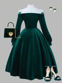 Sparklyn 一件适合女孩、青少年穿着的优雅蕾丝拼接领长袖收腰A字天鹅绒连衣裙，适合宴会和派对等场合，也适合秋冬季节穿着。 - 墨綠色 - 查看 2