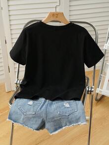 TOM & JERRY X SHEIN Tween Girl Casual Letter & Cartoon Graphic Round Neck Short Sleeve T-Shirt, Summer - White - View 2