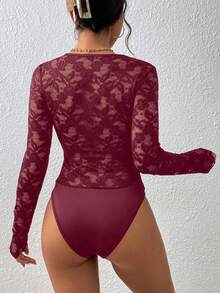 SHEIN Frenchy Bộ đồ liền thân ren tay dài màu trơn thanh lịch - Màu Đỏ Sâu - Xem 2