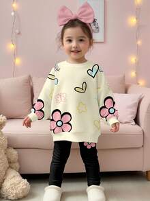 SHEIN مجموعة بنطلون وبلوزة كاجوال كلاسيكية جميلة بطبعات زهور ووحوش للأطفال البنات، بأكمام طويلة مريحة، مناسبة للخريف والشتاء، قطعتان - متعدد الألوان - مشاهدة 2