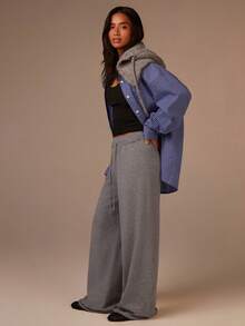 Athîral Women's Gray Wide Leg Knit Pants, High Waist Lounge Trousers Casual Soft Elastic Waistband Relaxed Fit Sweatpants, Wide Leg Sweatpants, Sweat Pants For Woman, Gray Sweatpants, Grey Pants, Lounge Pants - Grey - View 4