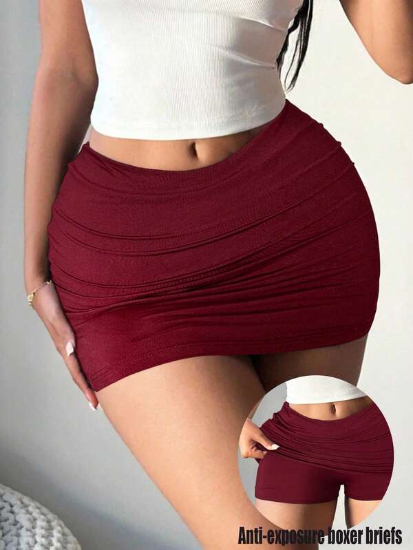 SHEIN SXY Plus Size Women's Solid Color Basic Burgundy Sexy Casual Mini Bodycon Skirt (With Leggings Included) Maroon Skirt Burgundy Skirt