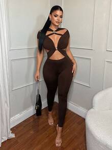 SHEIN SXY 女士性感简约纯色镂空金属装饰紧身连体裤 - 棕色 - 查看 4