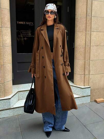 Aloruh Abrigo corto de trinchera casual de cintura ceñida de color caqui minimalista para mujer, otoño