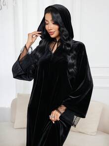 Al Najma 女士波尔卡圆点网格拼接长袖宽松优雅阿拉伯连衣裙 - 黑色 - 查看 6