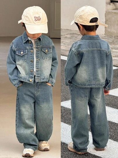 SHEIN 2pcs Young BoyBlue Denim Lapel Long Sleeve Short Jacket And Loose Fit Pants Set