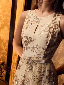 MOTF PREMIUM 亮片花卉刺绣撞色网纱鸡尾酒裙