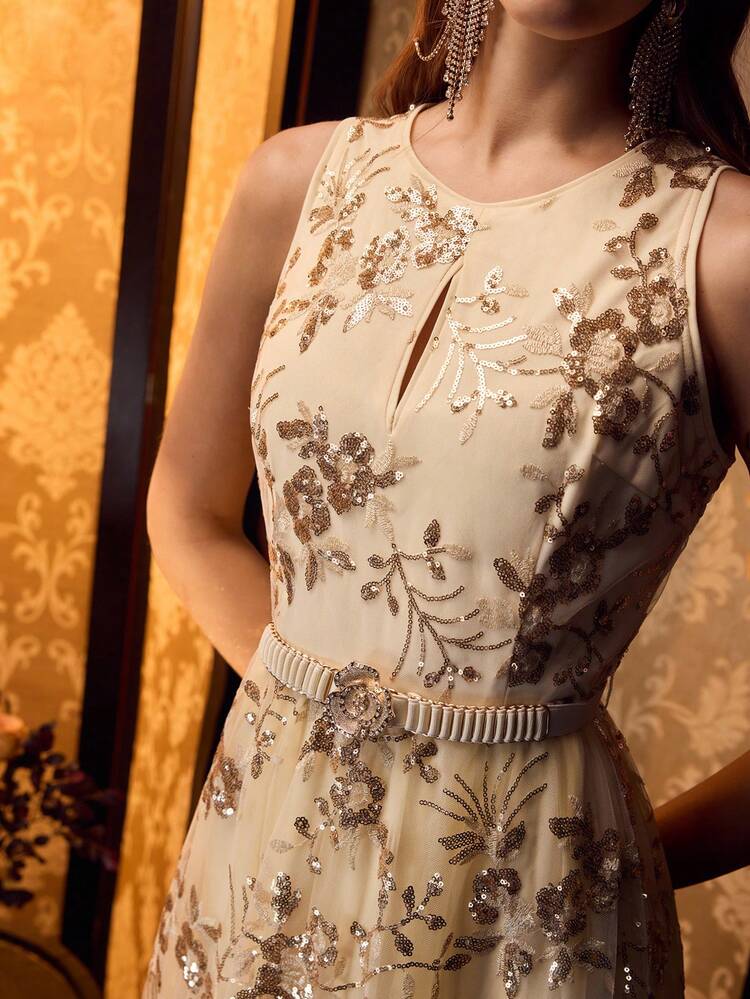 SEQUIN FLORAL EMBROIDERY CONTRAST MESH COCKTAIL DRESS
