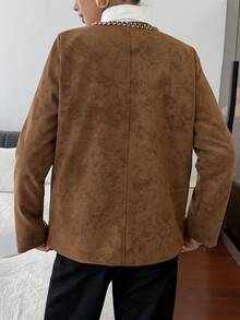 DAZY 女士休闲夹克，采用柔软绒面革面料，编织格纹图案，针织饰边，宽松版型，优雅街头风格，适合秋冬季节穿着。 - 駝色 - 查看 4