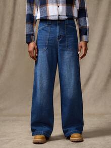 Manfinity Homme Men's Vintage Blue Washed Front Pocket Loose Wide Leg Baggy Jeans Hang Out For Boyfriend & Husband Baggy Jeans Y2k - Blue - View 6