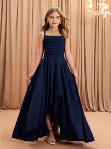Tween Girls' Elegant Fashion Luxurious Spaghetti Strap Criss-Cross Shoulder Sleeveless High Waist Cinched Waist Flared Hem Long Asymmetrical Hem Design Solid Satin Shiny Fabric High-End Christmas, Graduation, Party, Halloween Event Dress - Navy Blue - View 1