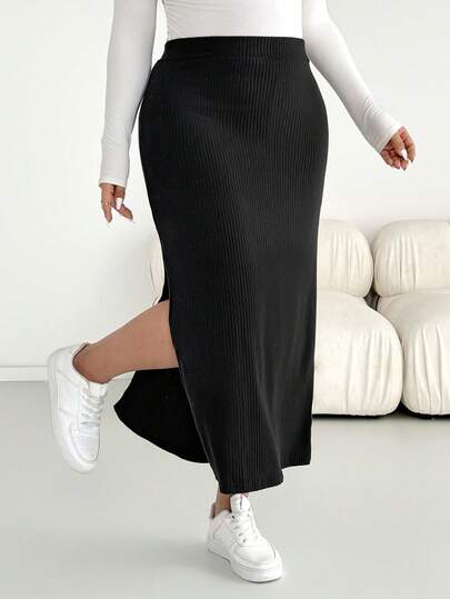 SHEIN Essnce 大码女装秋冬时尚休闲高弹舒适日常磨毛罗纹保暖显瘦黑色高开衩中长裙，秋季穿搭，女式下装，简约风格