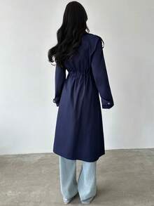 Firerie Women's Elegant Minimalist Casual Commute Daily Street Fashion Urban Chic New Double-Breasted Cinched Waist Elastic Navy Blue Mid-Length Trench Coat, Autumn/Winter - Navy Blue - View 11