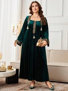 Al Najma Plus Size Women's Square Neck Long Sleeve Sequin Tassel Luxurious Elegant Arabic Style Party Dress - Dark Green - View 1