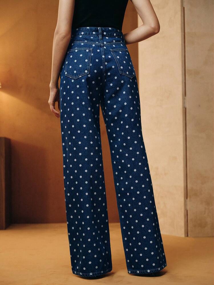 Jeans amples et décontractés à jambes larges avec poches et motif à pois pour femmes